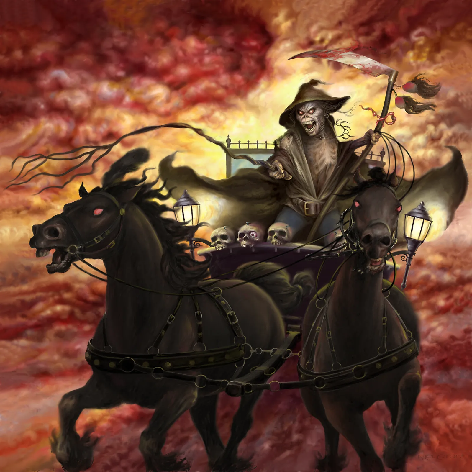 Death on the Road live album artwork illustrated by Melvyn Grant for Iron Maiden