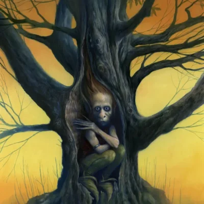 Fantasy Artwork with Gnome in a tree Orange & Yellow Backgorund