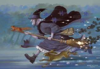 Original artwork by Melvyn Grant titled *Blasted Broom Fly!!*, depicting a witch in flight with her broom, accompanied by a hare, birds, and woodland creatures. Blasted Broom Fly!! - Original Artwork by Melvyn Grant