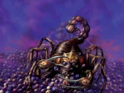 Blood Beast v3 by Melvyn Grant A monstrous scorpion-like creature amidst a surreal background.