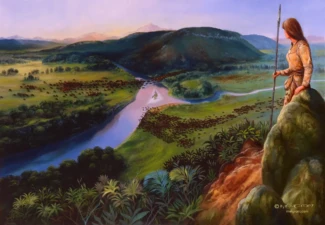 A woman surveys a vibrant valley by Melvyn Grant A woman with a spear gazes over a lush valley with a river and herds of deer.