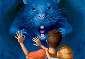 Fantasy illustration depicting two brothers confronting a giant rat in a mysterious subterranean world. Two boys, one carrying the other, facing a giant blue rat in a fantasy underground setting.