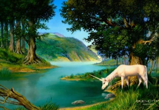 This iconic artwork by Melvyn Grant depicts a scene from The Last Unicorn, a beloved fantasy novel by Peter S. Beagle. The story follows a unicorn’s quest to discover what happened to others of her kind. Melvyn Grant’s evocative cover art captures the mystical atmosphere of the tale, featuring the unicorn at a tranquil lake surrounded by enchanted forest. The Last Unicorn artwork by Melvyn Grant — a white unicorn drinking at a forest lake