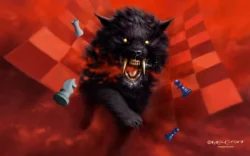 Lord Loss – Darren Shan (*The Demonata* #1) – Cover art by Melvyn Grant Feral demon wolf snarling with glowing yellow eyes, fangs bared, against a fiery red checkerboard sky — cover art by Melvyn Grant for Lord Loss.