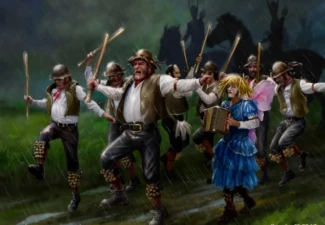 Morris Dancers and Elves — Official Artwork by Melvyn Grant for Terry Pratchett’s Discworld A group of Morris dancers with sticks and bells dancing in the rain, led by a sad-looking fairy playing an accordion, with shadowy elves and a looming figure in the background
