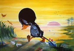Ugly Duckling — Artwork by Melvyn Grant A sad-looking duckling walking by a pond at sunset with dragonflies and butterflies nearby