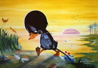 Ugly Duckling — Artwork by Melvyn Grant A sad-looking duckling walking by a pond at sunset with dragonflies and butterflies nearby