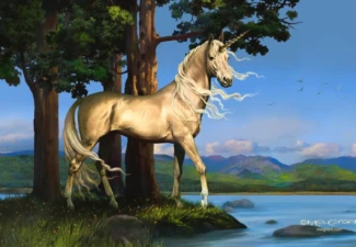 Unicorn by the Lake A golden unicorn standing peacefully on the shore of a lake, surrounded by tall trees and distant mountains under a blue sky