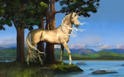 Unicorn by the Lake A golden unicorn standing peacefully on the shore of a lake, surrounded by tall trees and distant mountains under a blue sky