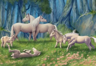 Unicorn Family — Artwork by Melvyn Grant A family of unicorns standing and playing in a sunny forest clearing with tall trees and flowers