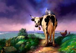 Where's My Cow?
Official Discworld Artwork A cow standing on a countryside path with two birds on its back, a distant view of the city of Ankh-Morpork under a twilight sky, and chickens nearby.