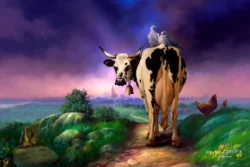 Where's My Cow?
Official Discworld Artwork A cow standing on a countryside path with two birds on its back, a distant view of the city of Ankh-Morpork under a twilight sky, and chickens nearby.