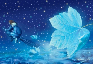Whispering Witches Two characters flying on a broomstick over a snowy village under a starry night sky with giant blue leaves floating around