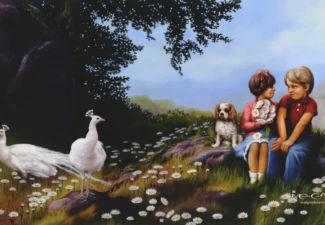 Young Love — artwork by Melvyn Grant. A tender scene of childhood affection set in a meadow, featuring a young boy and girl accompanied by white peacocks and a dog. Illustration titled Young Love by Melvyn Grant depicting a boy and girl seated together in a meadow with daisies, white peacocks, and a dog