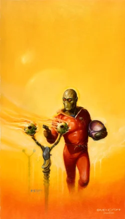 A Funeral for the Eyes of Fire – Melvyn Grant Alien figure in red suit holding a helmet, with glowing orbs on a double staff, under a blazing yellow-orange sky – artwork by Melvyn Grant.