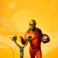 A Funeral for the Eyes of Fire – Melvyn Grant Alien figure in red suit holding a helmet, with glowing orbs on a double staff, under a blazing yellow-orange sky – artwork by Melvyn Grant.