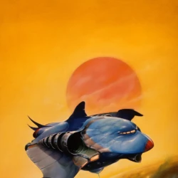 A Knight of Ghosts and Shadows – Cover art by Melvyn Grant Cover art for 'A Knight of Ghosts and Shadows' featuring a futuristic vehicle against a sunset.