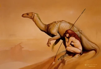 Fantasy Artwork, Desert Background with Dinosaur and Female with spear. On top of a sand hill looking down the valley.