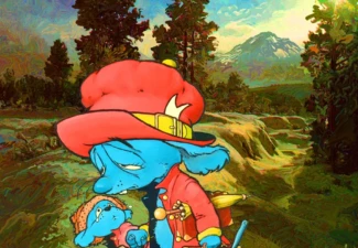 Homeless — a poignant illustration by Melvyn Grant showing two weary blue mice on a journey through a colorful, yet uncertain landscape. Two sad blue cartoon mice, one larger wearing a red hat and coat, carrying suitcases and an umbrella, walking through a vibrant, impressionistic countryside landscape.