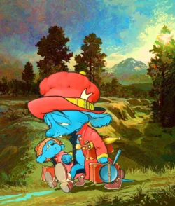 Homeless — a poignant illustration by Melvyn Grant showing two weary blue mice on a journey through a colorful, yet uncertain landscape. Two sad blue cartoon mice, one larger wearing a red hat and coat, carrying suitcases and an umbrella, walking through a vibrant, impressionistic countryside landscape.