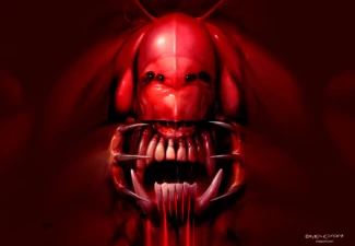 Baal – 1988 video game (Psygnosis) – Cover art by Melvyn Grant Monstrous demon face in red hues with fang-filled maw — cover painting by Melvyn Grant for the video game Baal.
