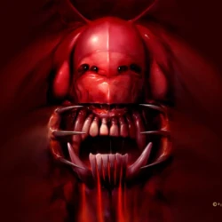 Baal – 1988 video game (Psygnosis) – Cover art by Melvyn Grant Monstrous demon face in red hues with fang-filled maw — cover painting by Melvyn Grant for the video game Baal.