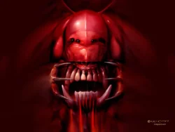 Baal – 1988 video game (Psygnosis) – Cover art by Melvyn Grant Monstrous demon face in red hues with fang-filled maw — cover painting by Melvyn Grant for the video game Baal.