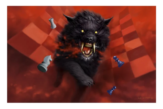 Lord Loss, the first and most feared of the Demonata, an ancient demon whose presence heralds destruction across worlds. Illustration of Lord Loss, a demonic creature with glowing eyes and fangs emerging against a red background, artwork by Melvyn Grant