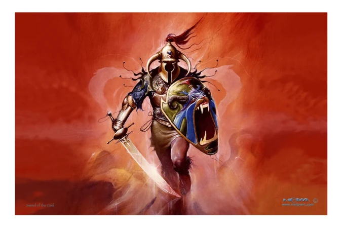 Cover artwork for Sword of the Gael by Andrew J. Offutt, later used for Judas Priest’s Hero, Hero album artwork. Fantasy cover illustration for Sword of the Gael showing an armored warrior holding a sword and shield, artwork by Melvyn Grant Melvyn Grant