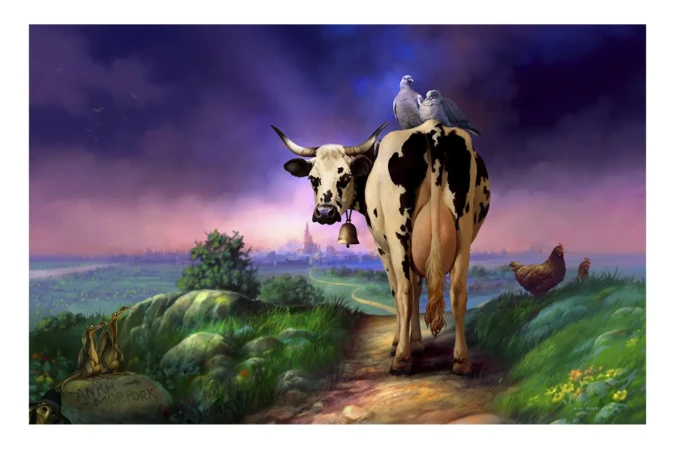 Cover artwork for Where’s My Cow?, a much-loved Discworld book reflecting Terry Pratchett’s warmth, humour, and storytelling charm. Illustration from Where’s My Cow? showing a cow walking along a countryside path with birds and animals, artwork by Melvyn Grant