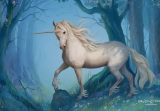 The Last Unicorn — illustration by Melvyn Grant for the novel by Peter S. Beagle A white unicorn walking through a moonlit woodland, illustrated by Melvyn Grant for The Last Unicorn by Peter S. Beagle