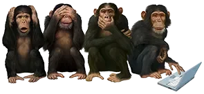 Illustration of four chimpanzees representing see no evil, hear no evil, speak no evil, and send no evil, with the last using a laptop