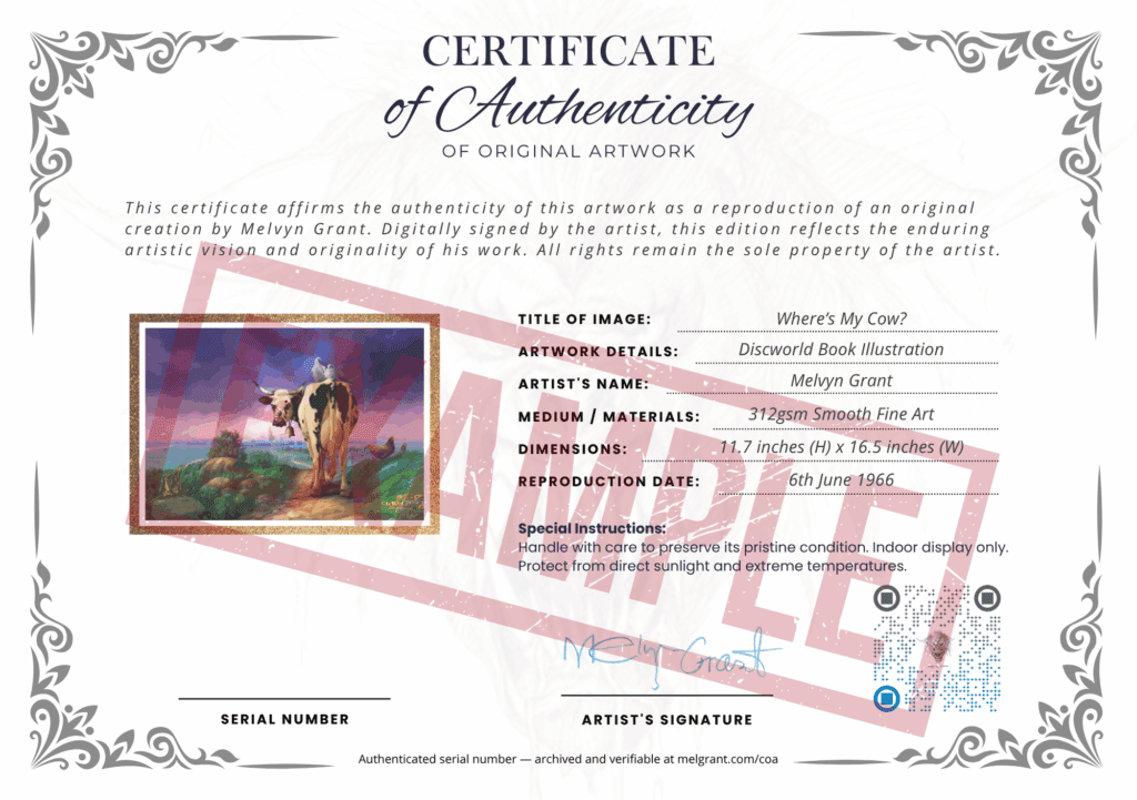 Sample Certificate of Authenticity for artwork by Melvyn Grant